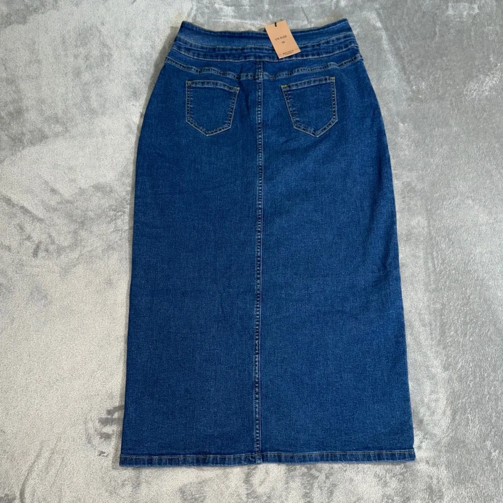 Denim Midi Skirt Button Front High Waist Slit Dark Wash Blue Women's Medium - Picture 3 of 7